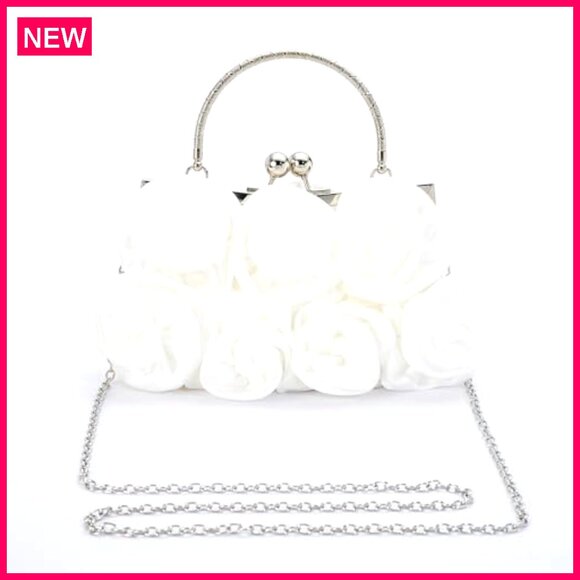 Satin Evening Clutch with 3D Roses, Removable Chain Strap, 8x5x2 Inches